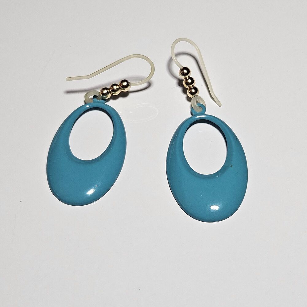 Blue Enamel Metal Dangling Ovals With Gold Bead Accent Earrings - Picture 11 of 11